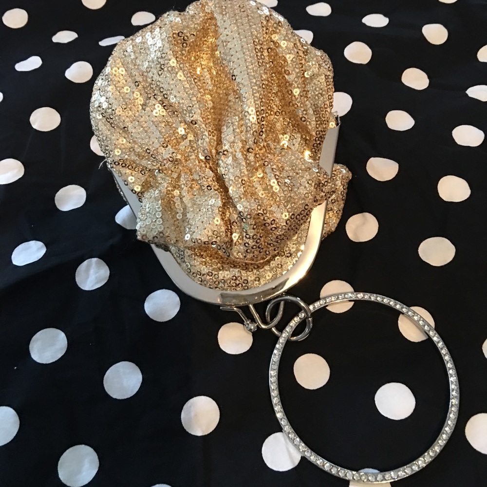 Evening bag gold sequin pouch with ring handle